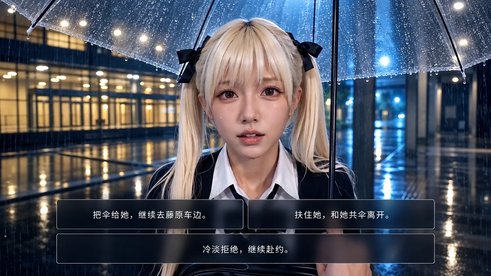 雨夜透明伞下的金发角色，以及三项剧情选择。